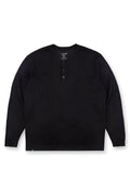 Black waffle knit henley long sleeve t-shirt with buttoned placket and ribbed cuffs made from soft knit fabric