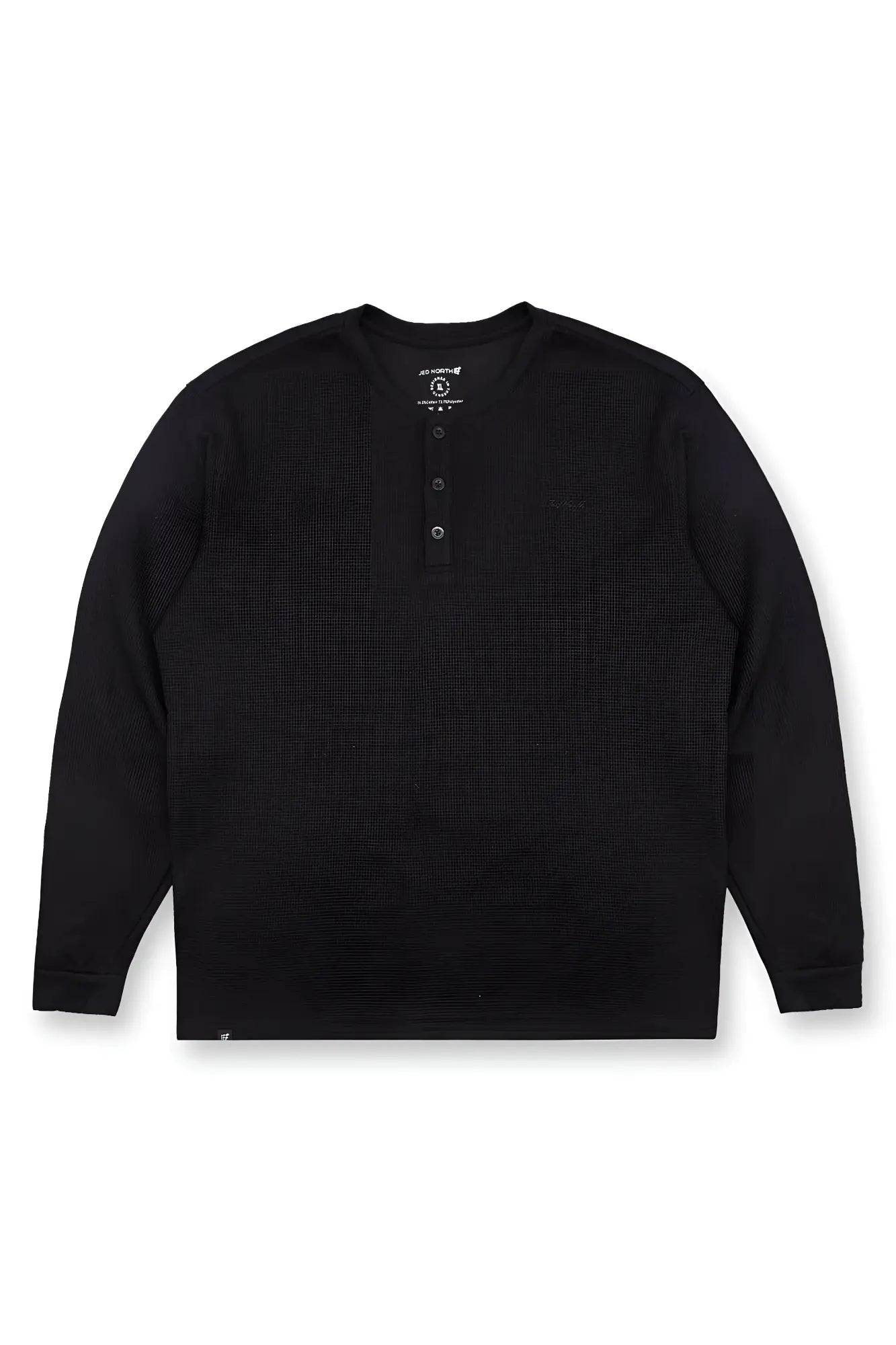 Black waffle knit henley long sleeve t-shirt with buttoned placket and ribbed cuffs made from soft knit fabric