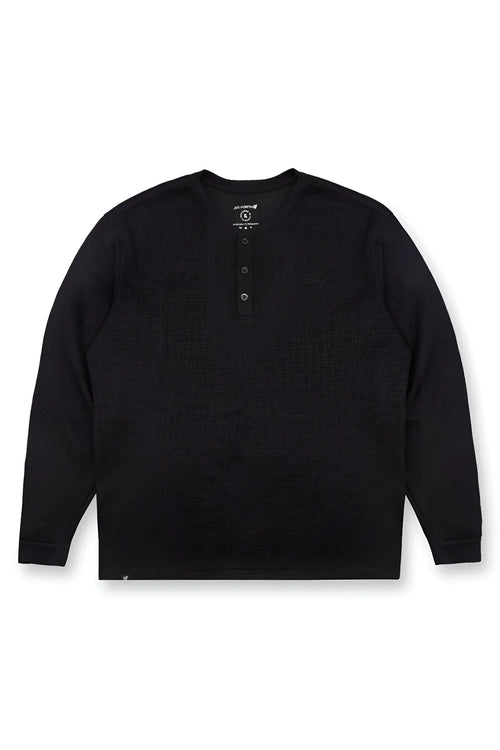 Black waffle knit henley long sleeve t-shirt with buttoned placket and ribbed cuffs made from soft knit fabric