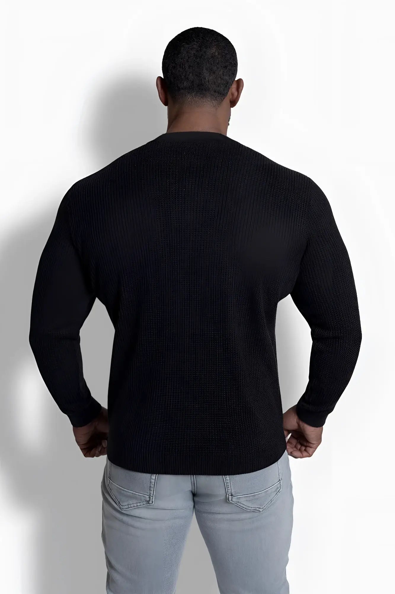 Black waffle knit henley long sleeve t shirt featuring textured knit fabric perfect for casual wear