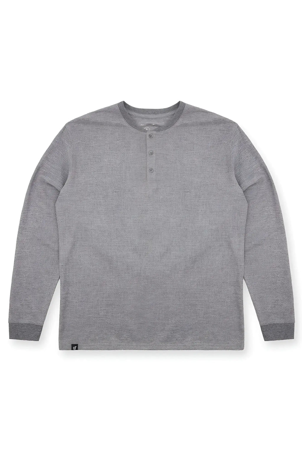 Dark gray waffle knit henley long sleeve t-shirt with button placket ribbed cuffs and heathered fabric texture