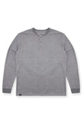Dark gray waffle knit henley long sleeve t-shirt with button placket ribbed cuffs and heathered fabric texture