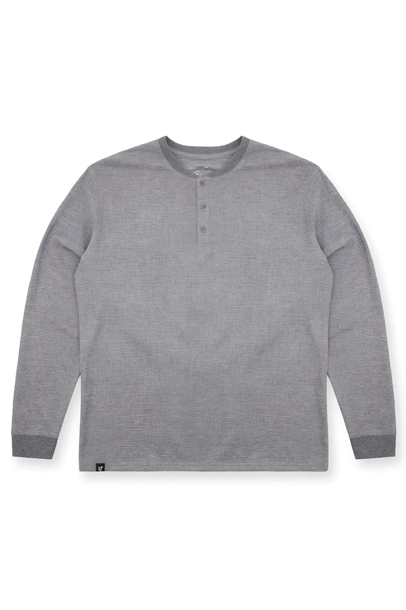 Dark gray waffle knit henley long sleeve t-shirt with button placket ribbed cuffs and heathered fabric texture