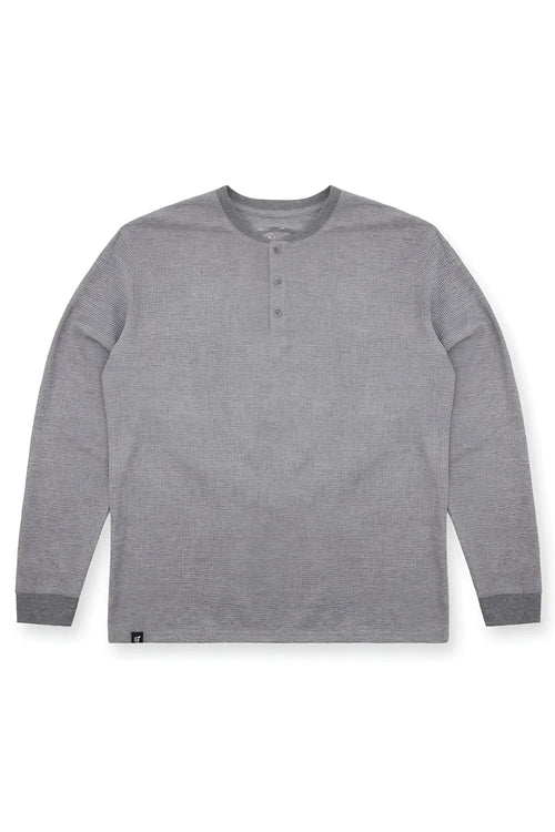 Dark gray waffle knit henley long sleeve t-shirt with button placket ribbed cuffs and heathered fabric texture