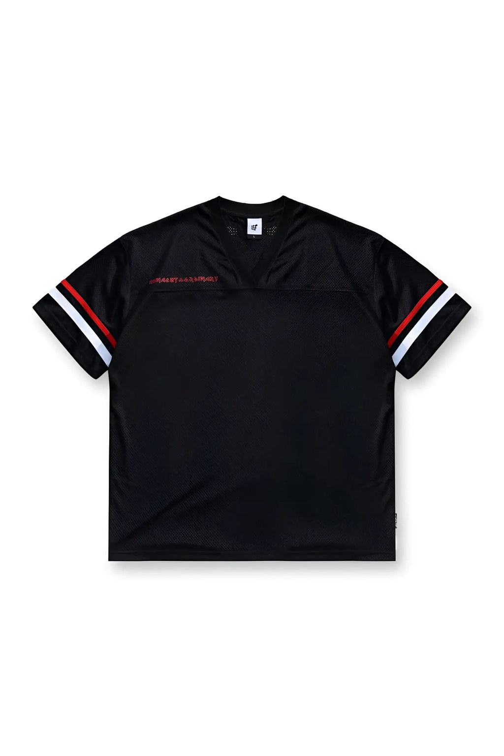 Jed North Warrior v neck jersey black athletic shirt with red and white striped short sleeve cuffs