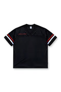Jed North Warrior v neck jersey black athletic shirt with red and white striped short sleeve cuffs