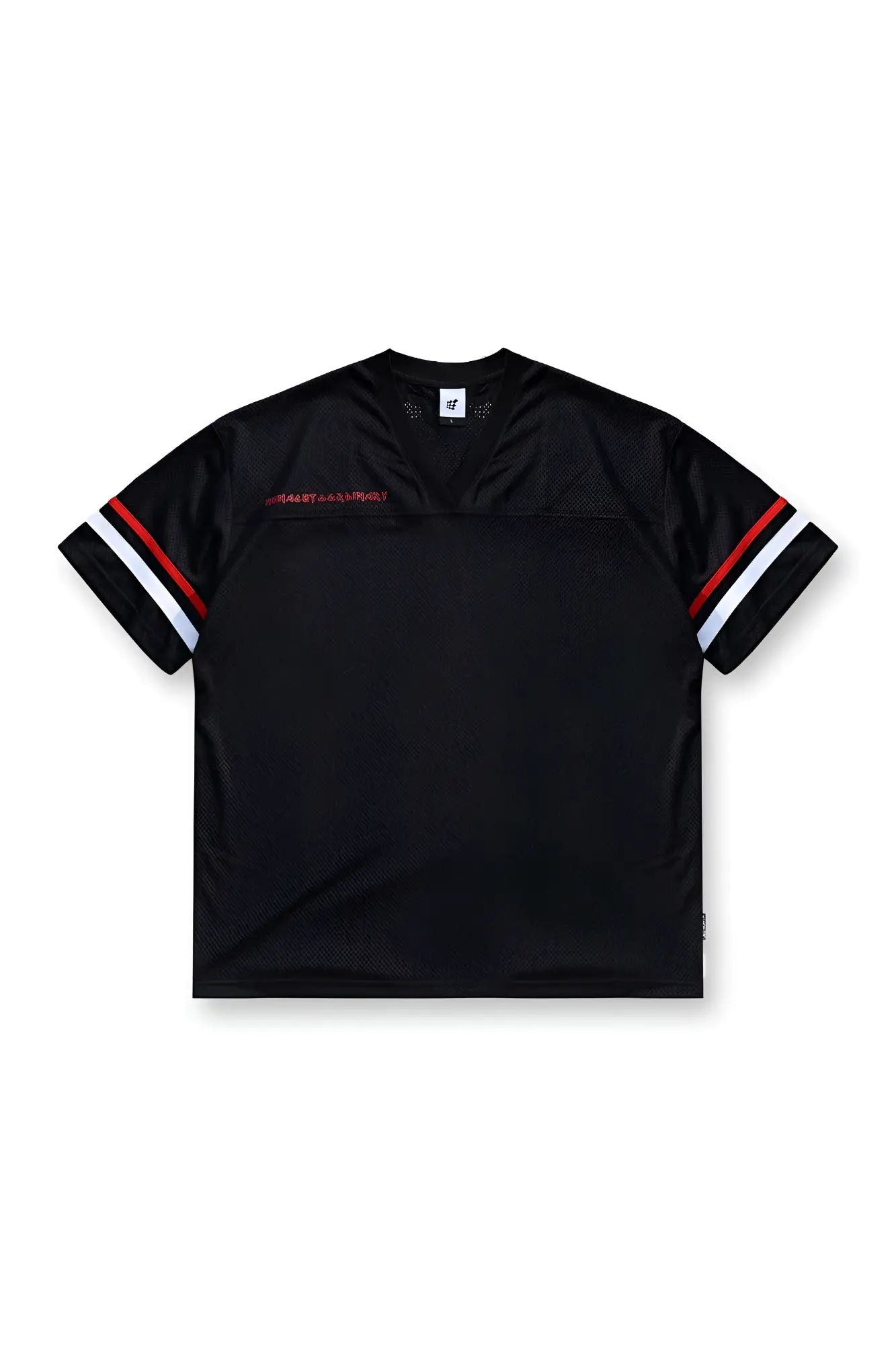 Jed North Warrior v neck jersey black athletic shirt with red and white striped short sleeve cuffs