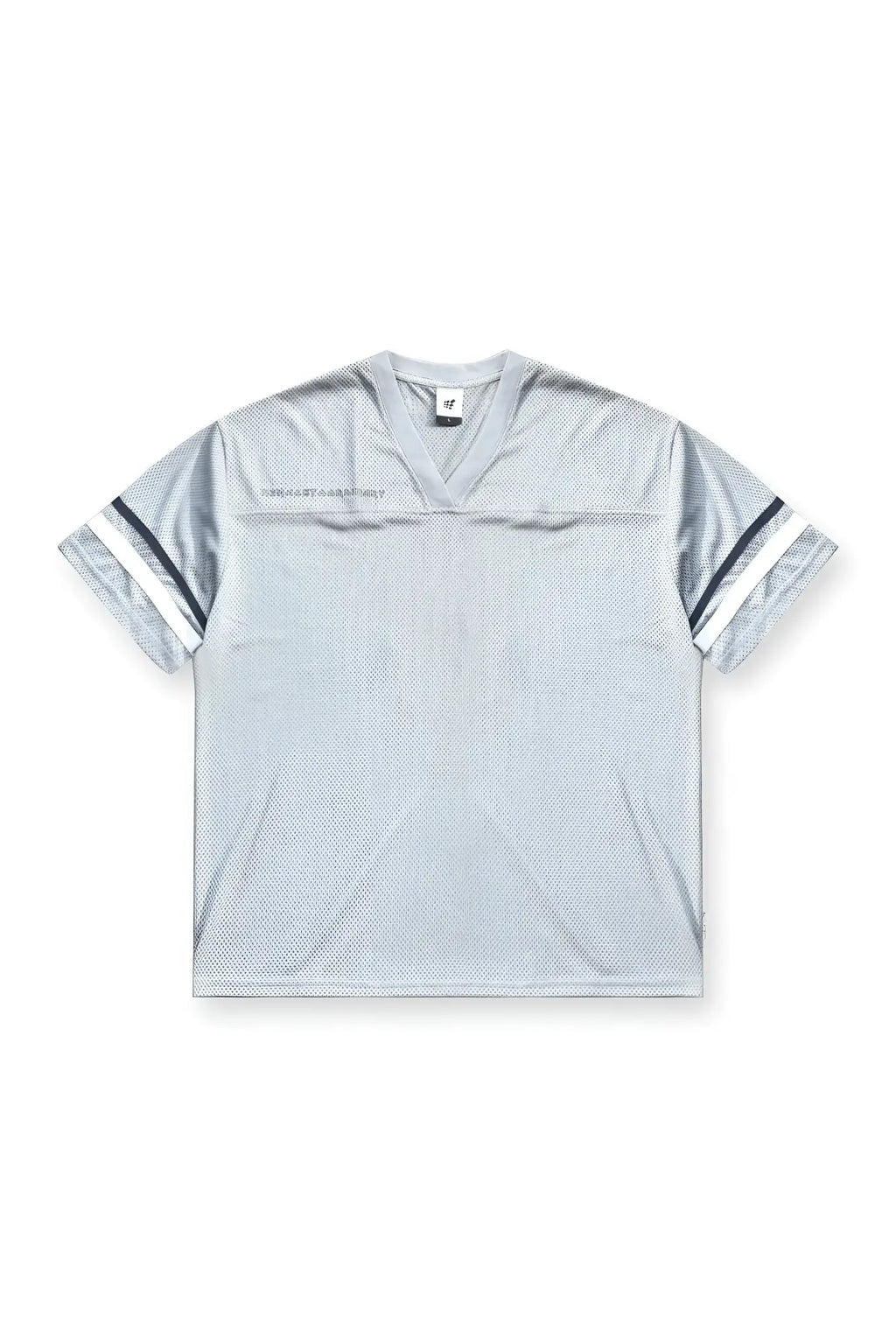 Jed North Warrior v-neck jersey is a light gray mesh football jersey with black and white striped sleeves