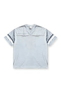 Jed North Warrior v-neck jersey is a light gray mesh football jersey with black and white striped sleeves