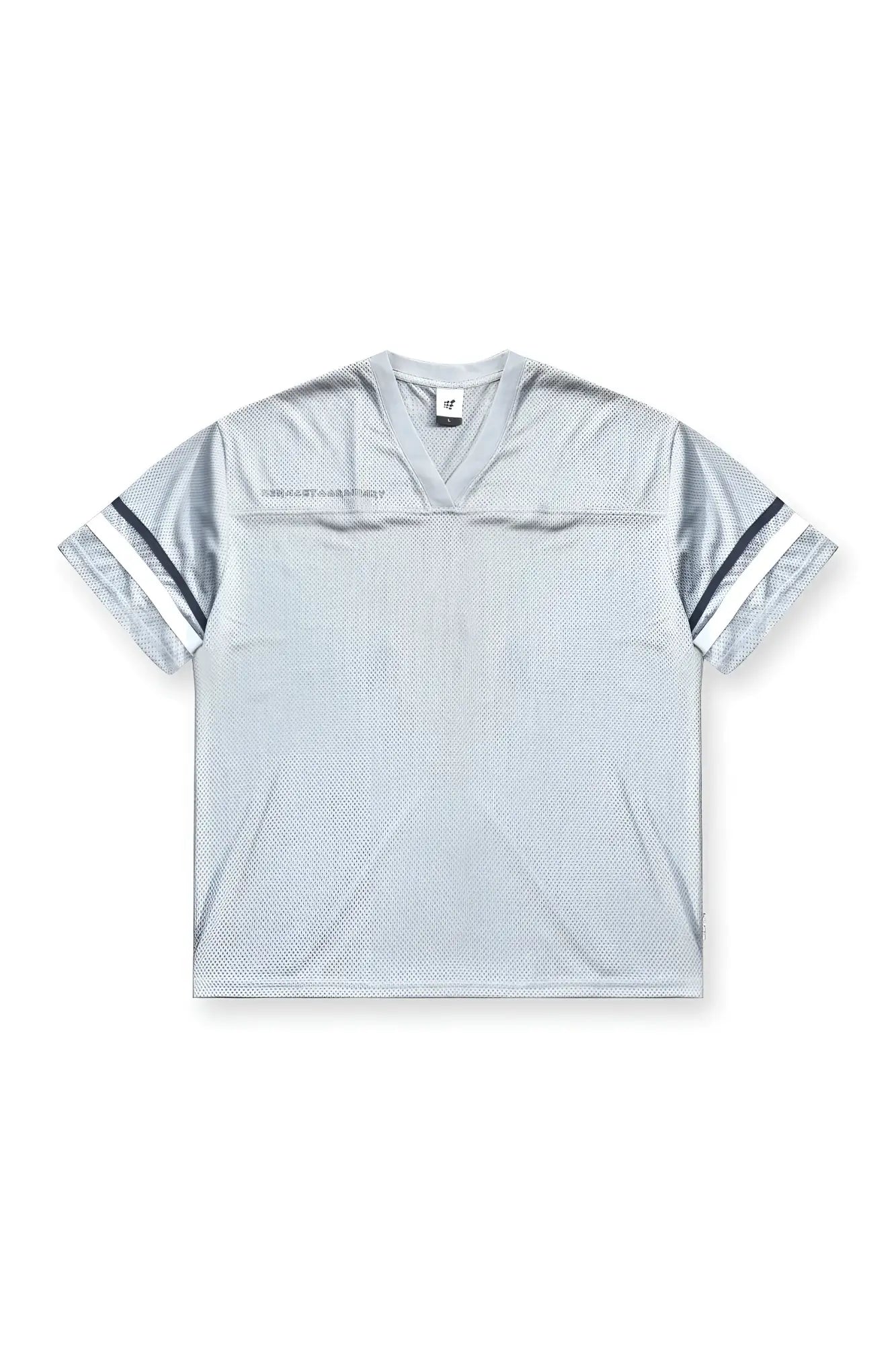 Jed North Warrior v-neck jersey is a light gray mesh football jersey with black and white striped sleeves