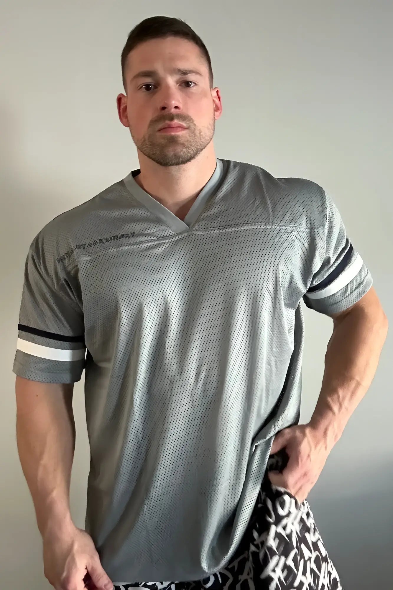 Jed North Warrior V neck jersey gray gray mesh athletic shirt with black and white striped sleeves for sportswear