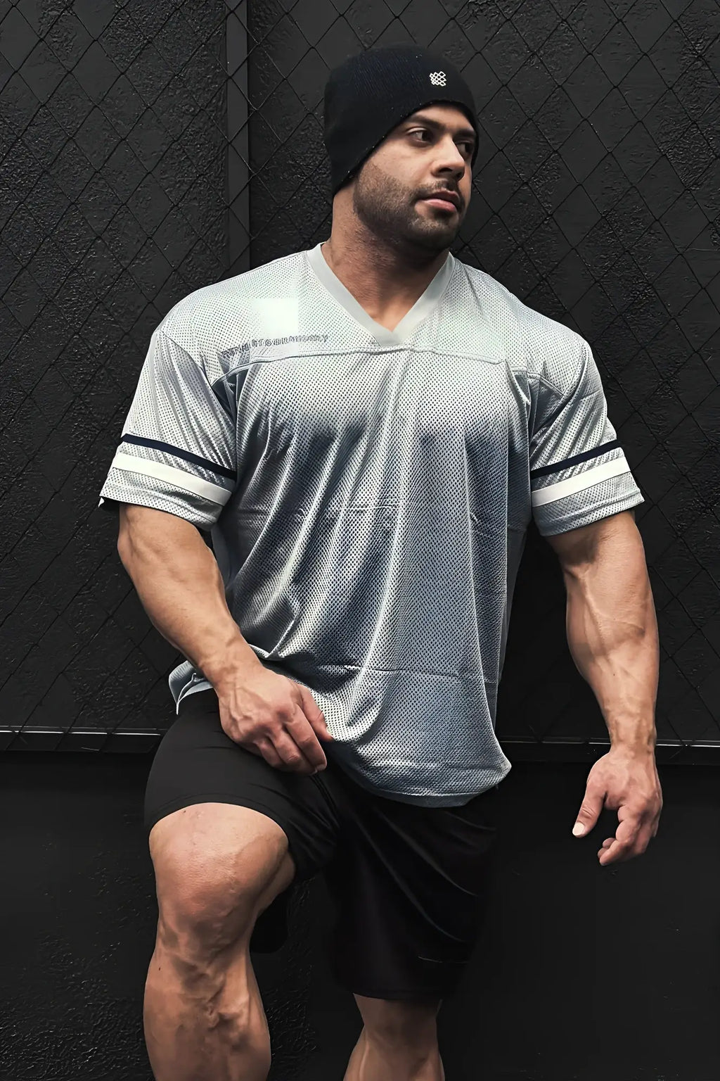 Jed North Warrior v-neck jersey gray mesh athletic shirt with black and white striped sleeves for workout wear
