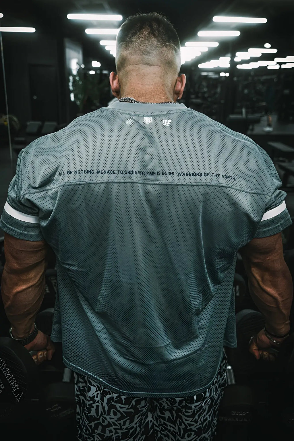 Back side of jed north warrior v neck jersey gray mesh athletic shirt with white sleeve stripes and black text
