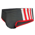 Jethro 11 swim racer swim trunks black with bold red and white vertical stripes and red trim on the leg openings