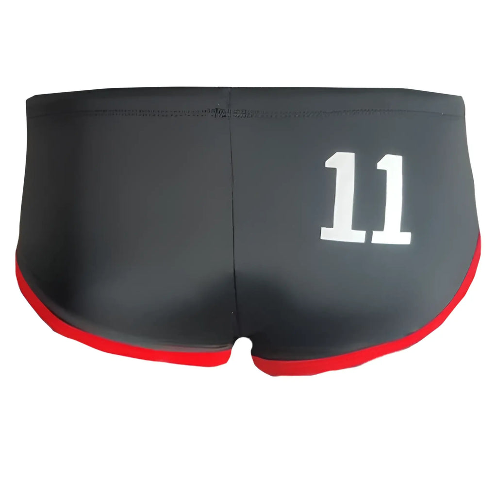 Jethro 11 swim racer black swim trunks with red trim and white number 11 on the side for racing use