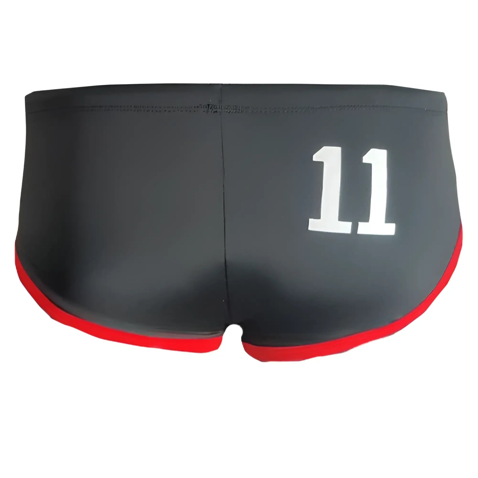 Jethro 11 swim racer black swim trunks with red trim and white number 11 on the side for racing use