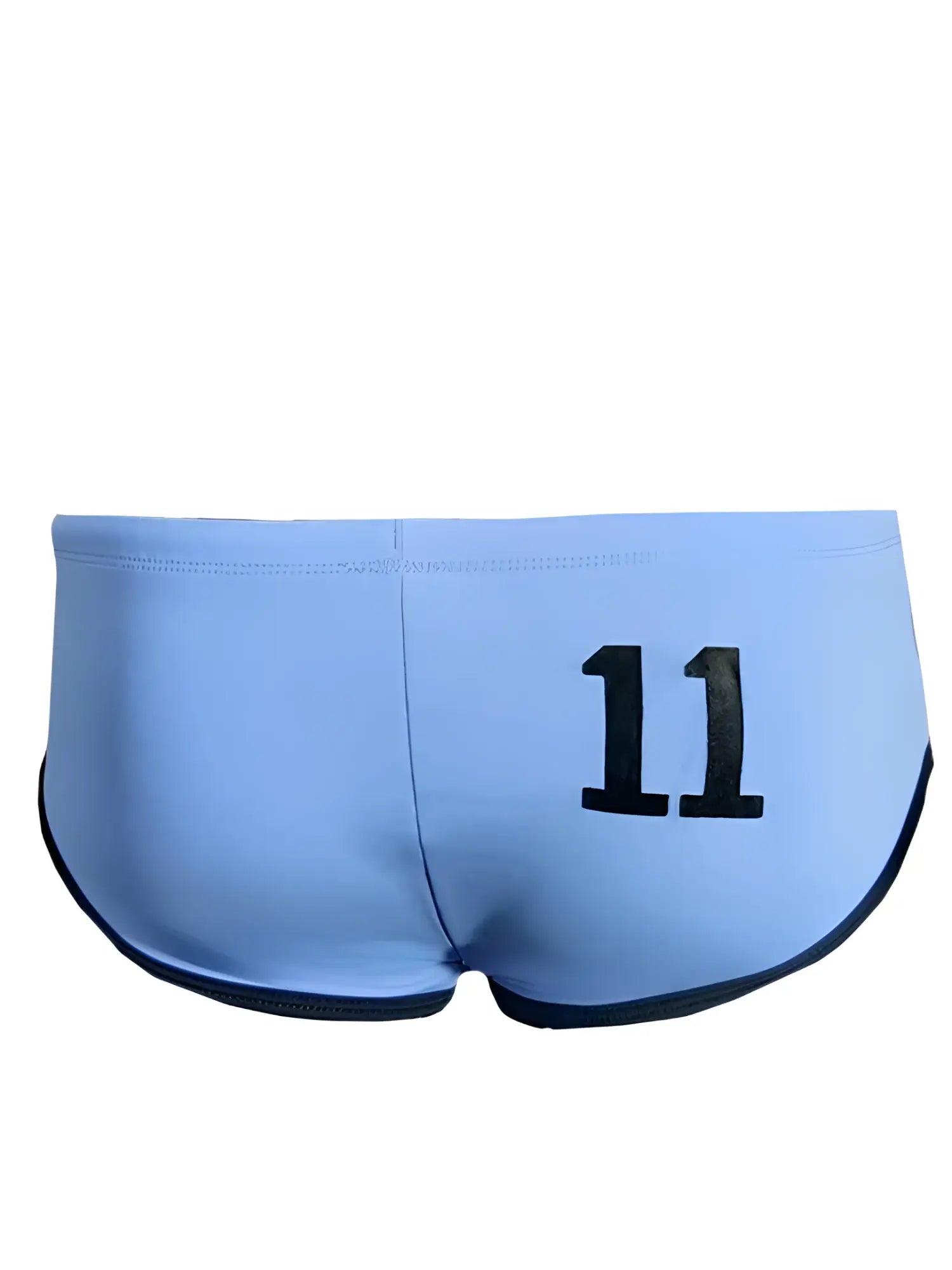 Light blue jethro 11 swim racer trunks with black trim and bold 11 printed on the back side