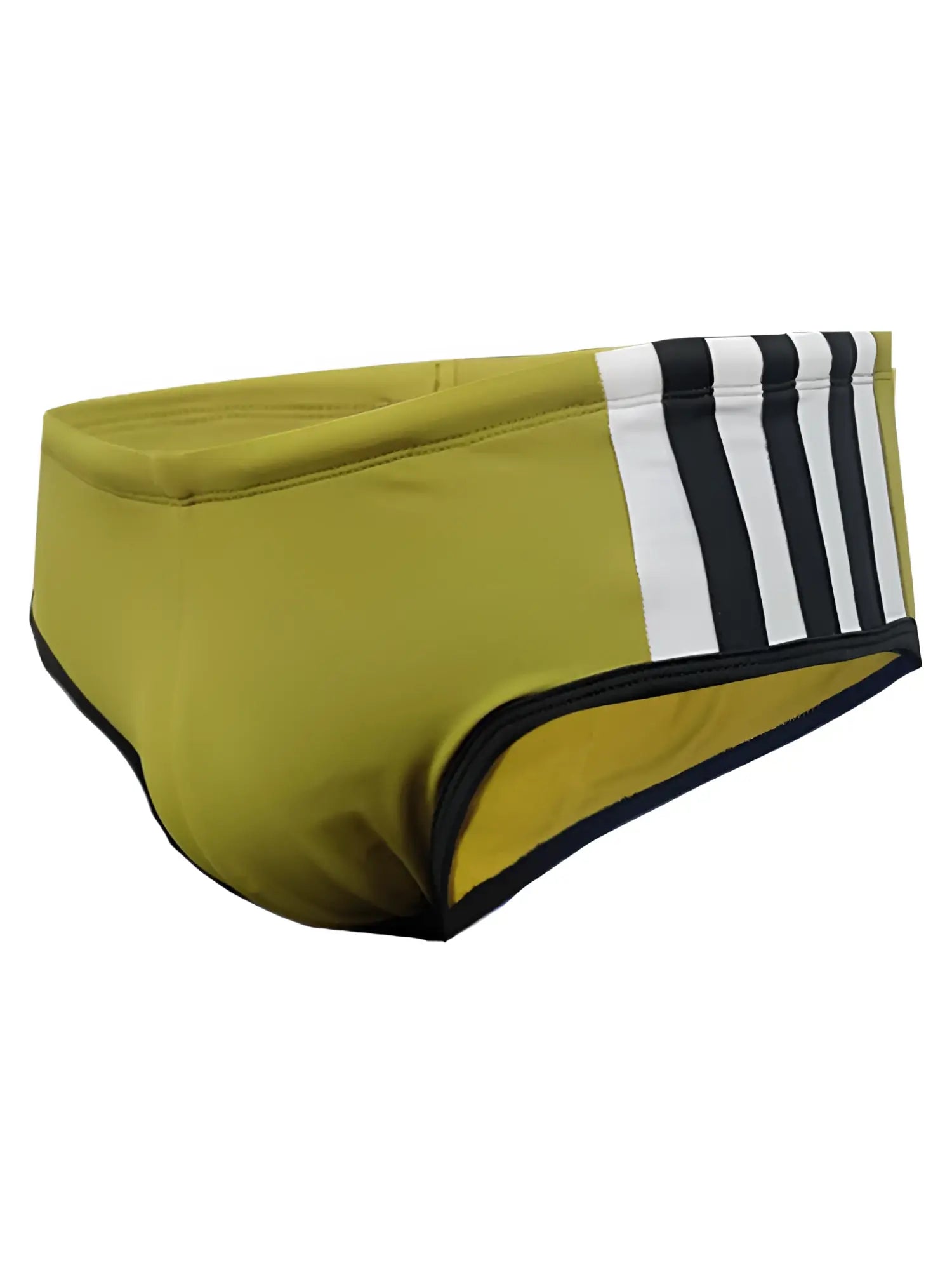 Olive green jethro 11 swim racer trunks with black and white side stripes and a sleek swimwear design