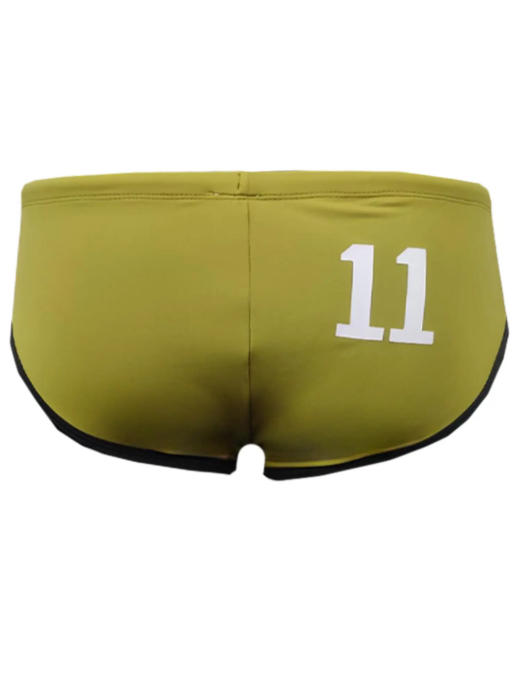 Olive green jethro 11 swim racer trunks with black trim and white 11 printed on the back side