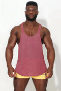 A heathered rose pink jj classic workout stringer muscle tank top with subtle embroidered logo on the chest