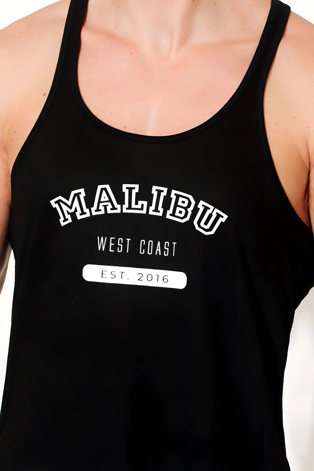 Black JJ classic workout stringer tank top with white malibu west coast est print for activewear