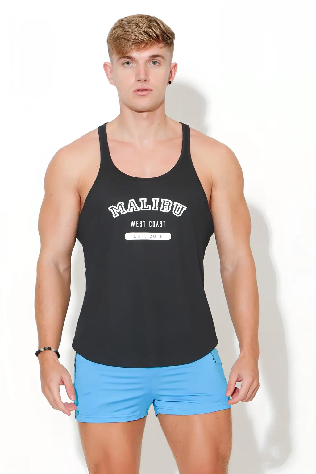 Black malibu west coast tank top with white lettering and small rectangular tag from jj classic workout stringer collection