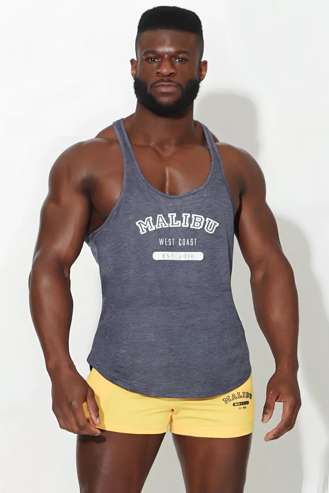 Gray heathered tank top with malibu west coast est logo designed for workout and casual wear in a malibu blue tone