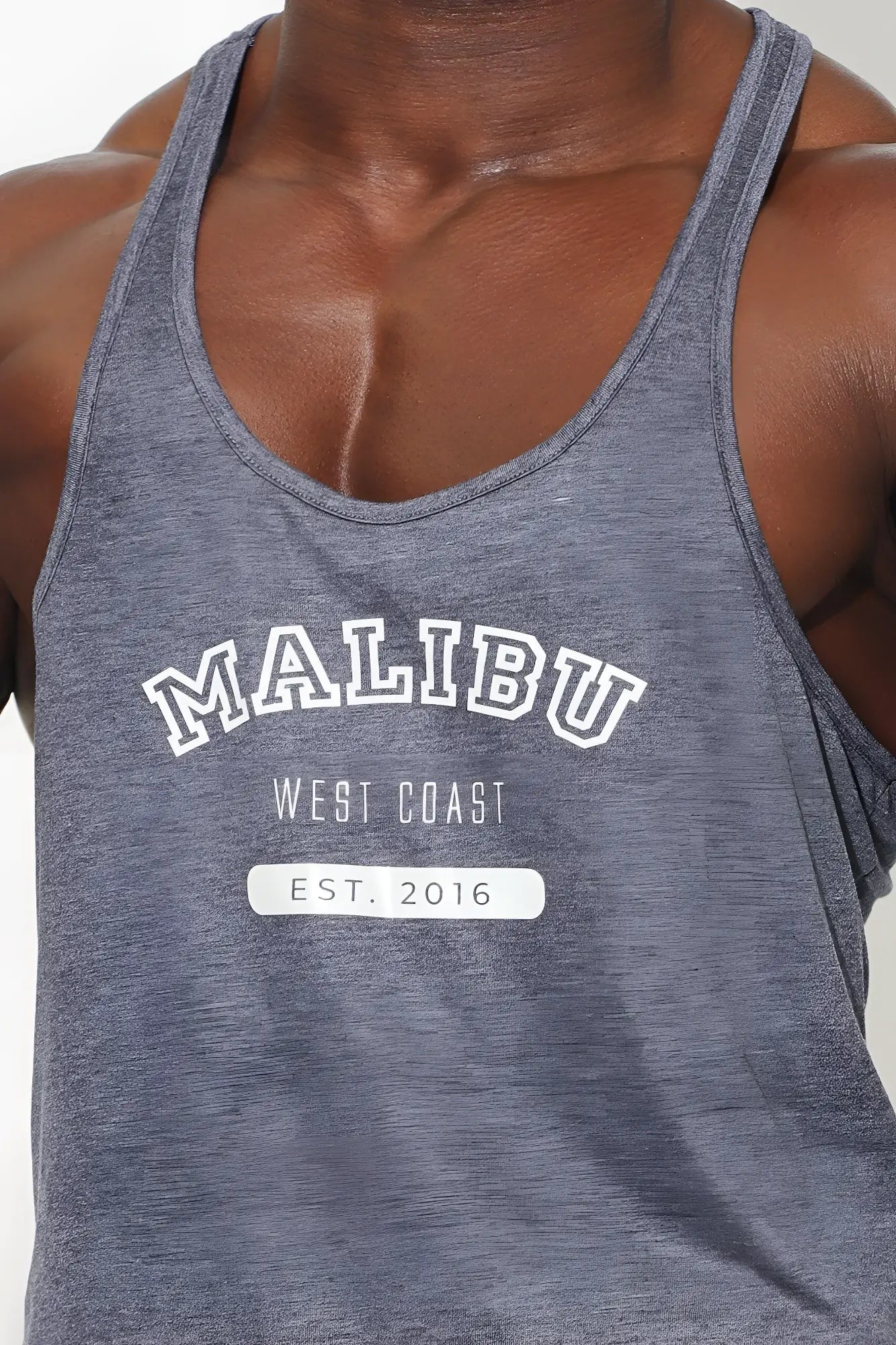 Gray heathered tank top with white malibu west coast est print from the jj classic workout stringer malibu blue collection