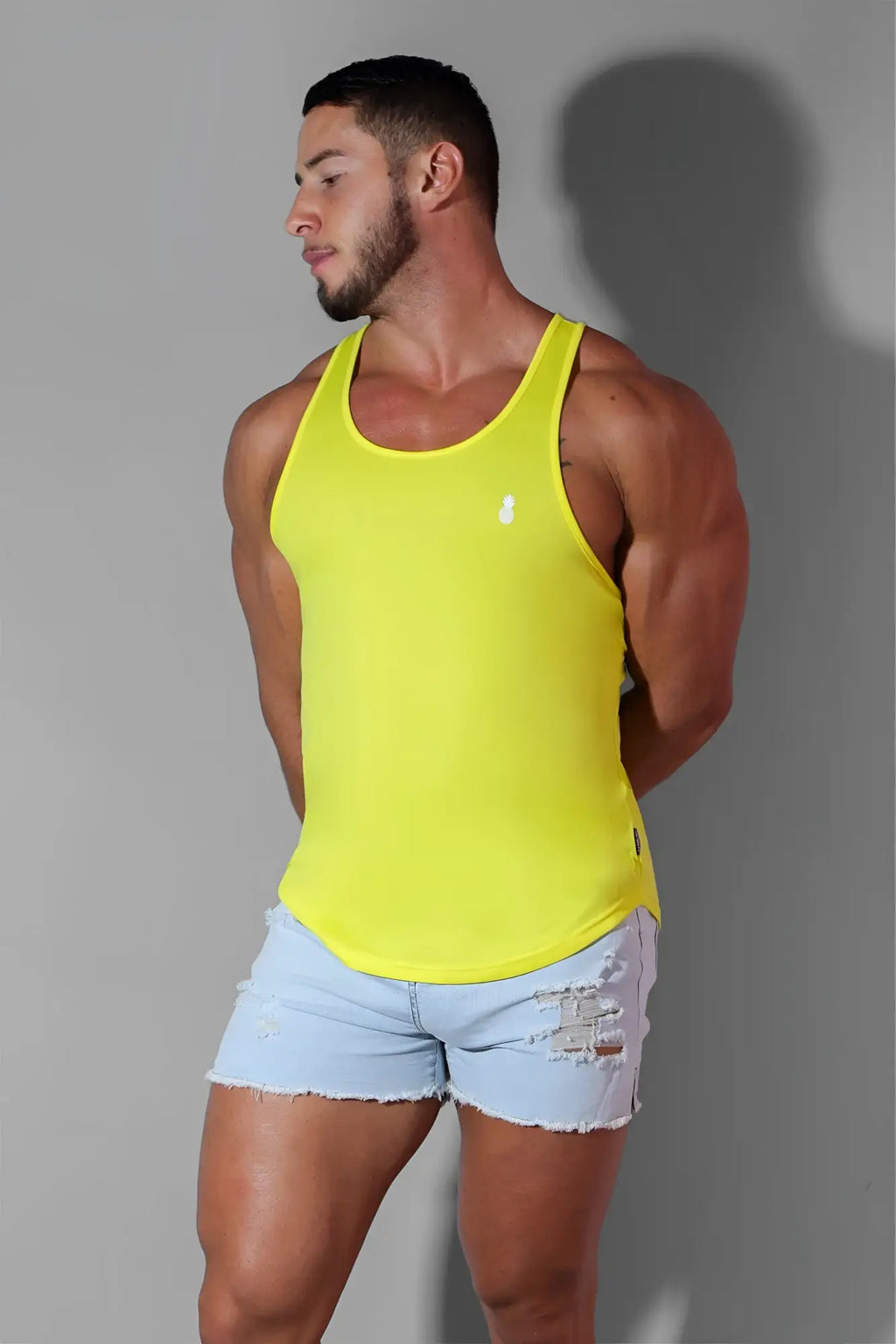 Jj cool-dry gym stringer lemon yellow sleeveless tank top with moisture-wicking fabric and small white chest logo