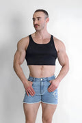 Black jj dry-cool crop tank top featuring a simple fitted design made from breathable moisture-wicking fabric