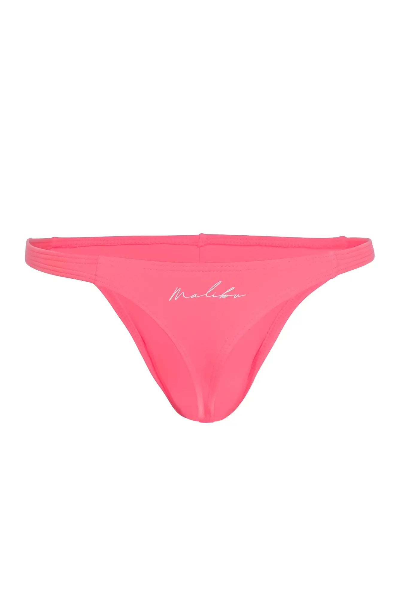 A vibrant hot pink cheeky classic g-string thong bikini bottom with subtle white embroidered logo on the front
