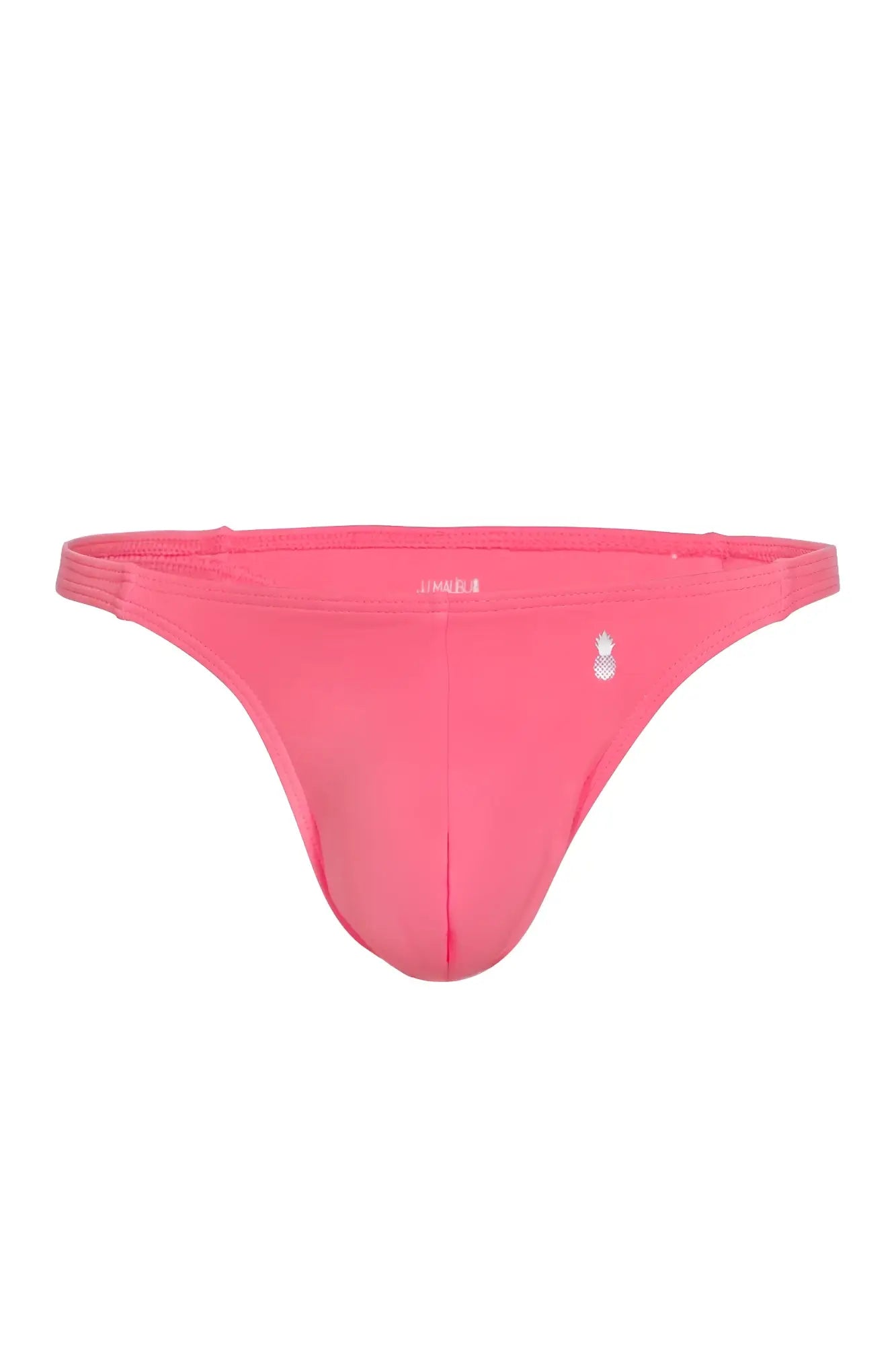 A vibrant hot pink cheeky classic g-string thong swimsuit with a seamless design and small white pineapple logo on the hip