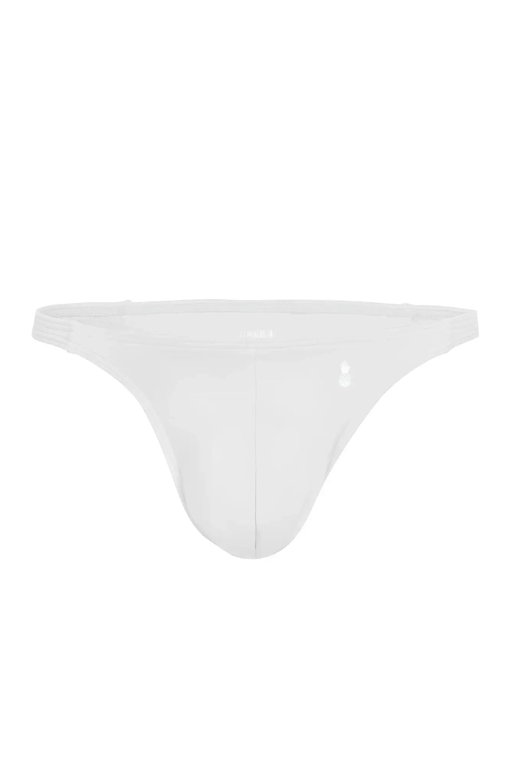 White minimalist cheeky classic g-string thong made of smooth stretchy fabric with subtle logo on waistband back side