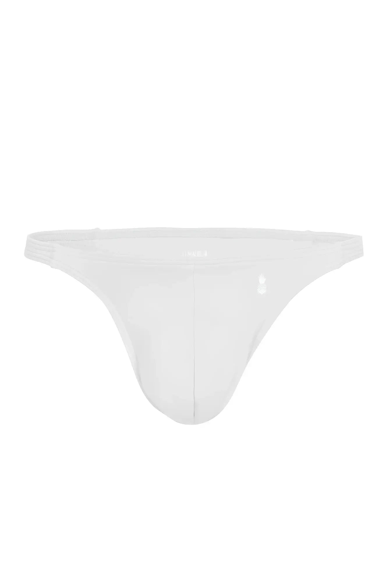 White minimalist cheeky classic g-string thong made of smooth stretchy fabric with subtle logo on waistband back side