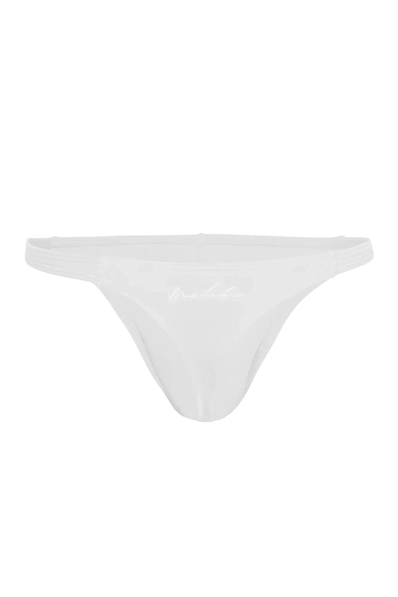 White minimalist cheeky classic g-string thong with subtle brand logo embroidered on the front in off white material