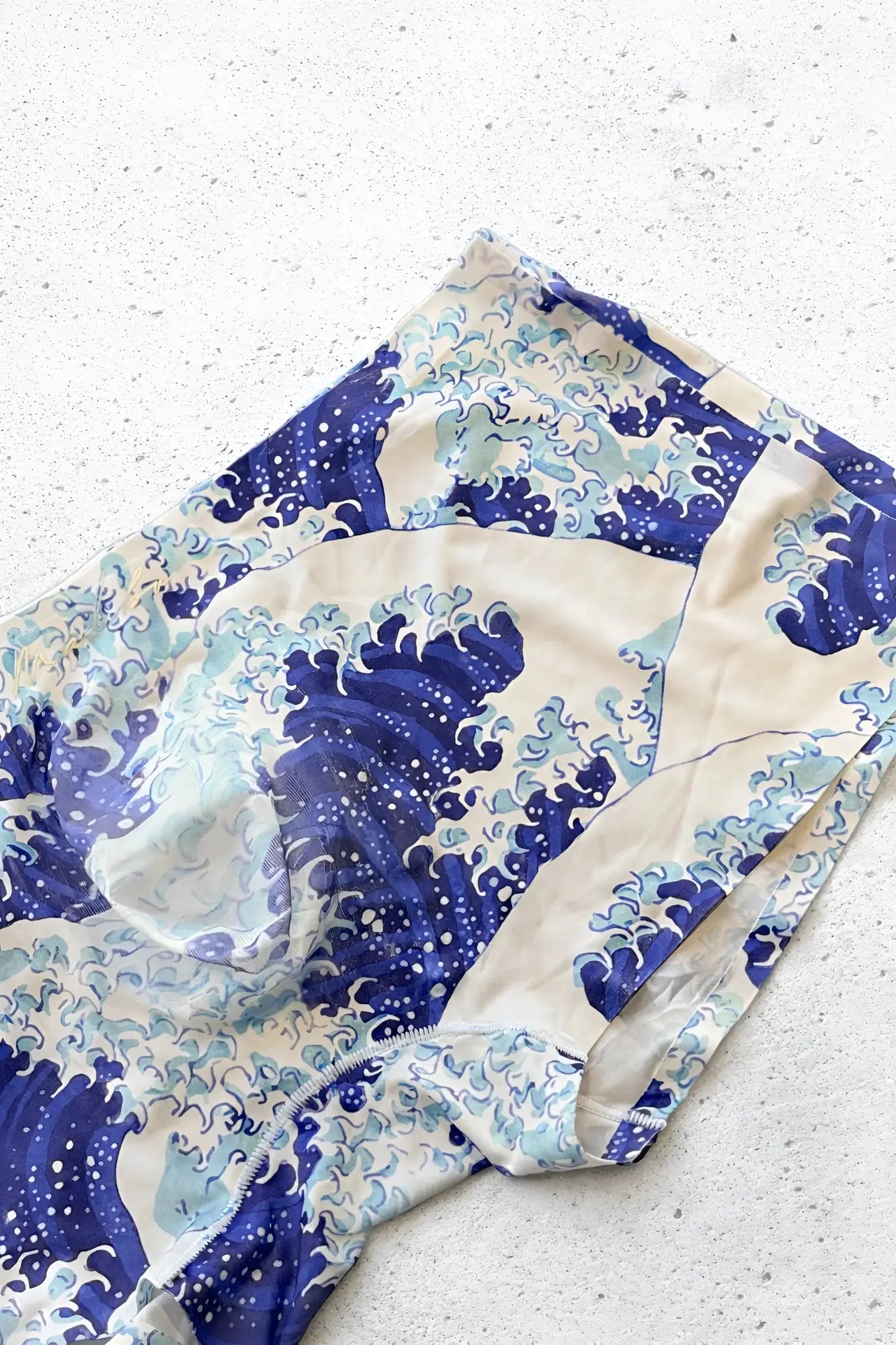 Come-over silky seamless boxer briefs in blue and white featuring hokusai the great wave off kanagawa pattern