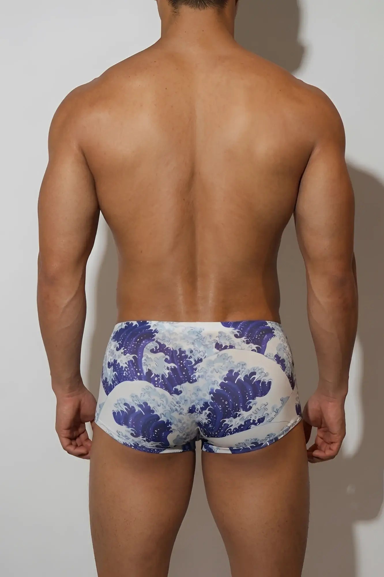 Blue and white wave-patterned silky seamless boxer briefs inspired by katsushika hokusai crashing waves design