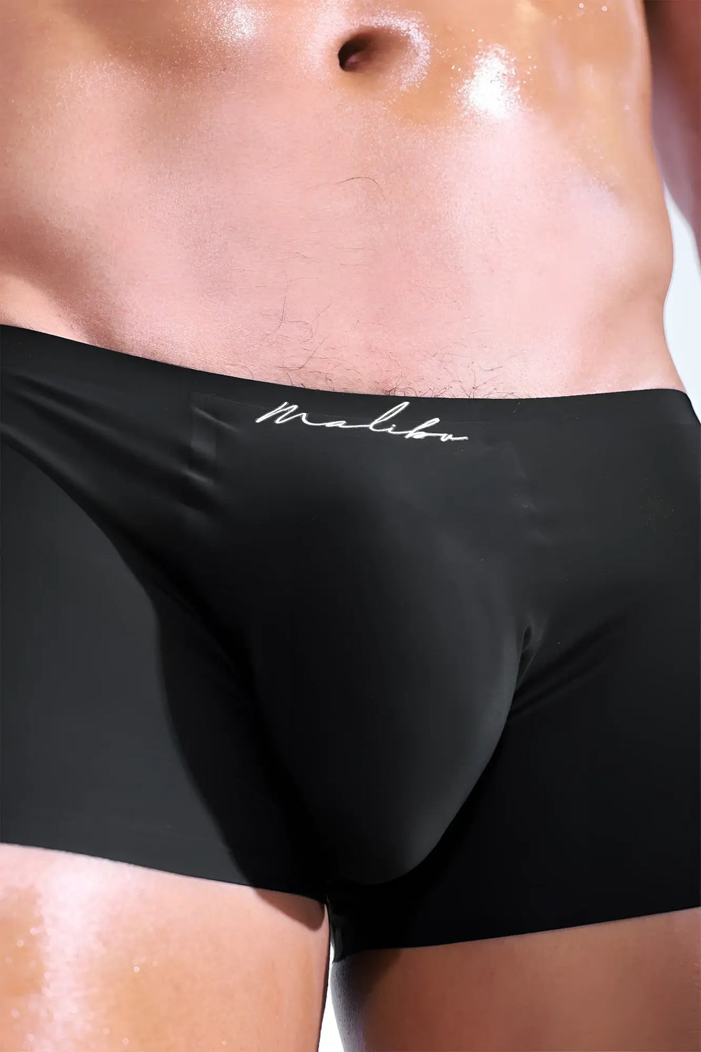 Black malibu come-over silky seamless boxer briefs in midnight black with smooth fabric and subtle white logo on waistband