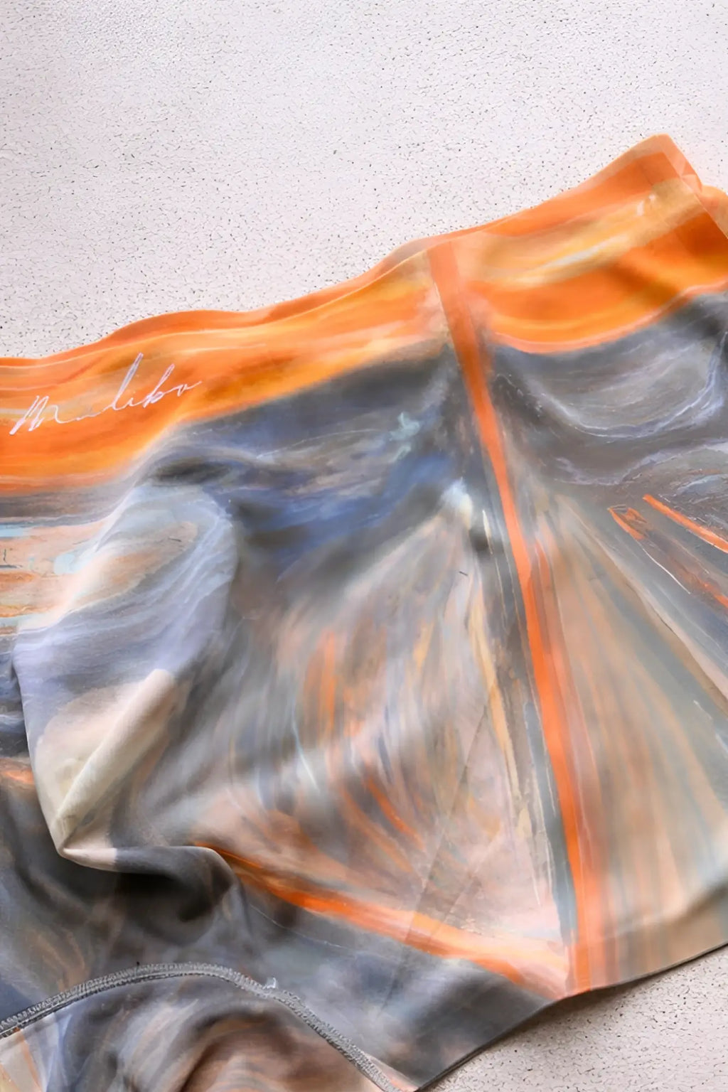 Come-over silky seamless boxer briefs with a vibrant orange gray and blue abstract silk scarf design