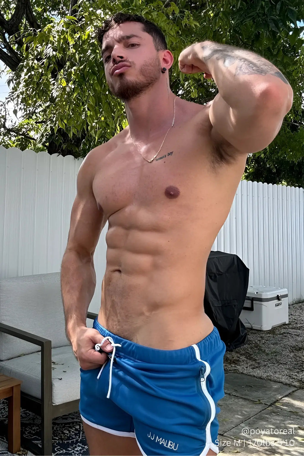 For-the-night 4 inch gym short shorts in cobalt blue with white side stripes drawstring and jj maubu embroidery