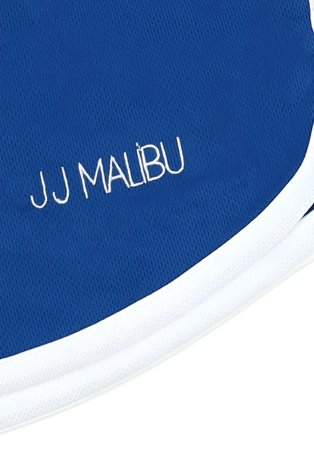 For-the-night 4 inch cobalt blue gym short shorts with white trim drawstring and jj malibu embroidery