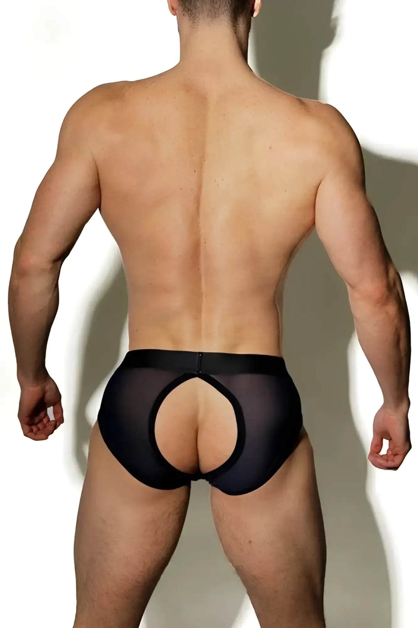 Back side of jj malibu privacy mesh open back brief underwear navy black sheer mesh briefs with central cutout size l