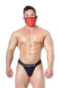 Navy blue jj malbu branded briefs with white lettering and logo on waistband shown from the back side