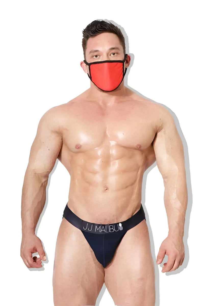 Navy blue jj malbu branded briefs with white lettering and logo on waistband shown from the back side