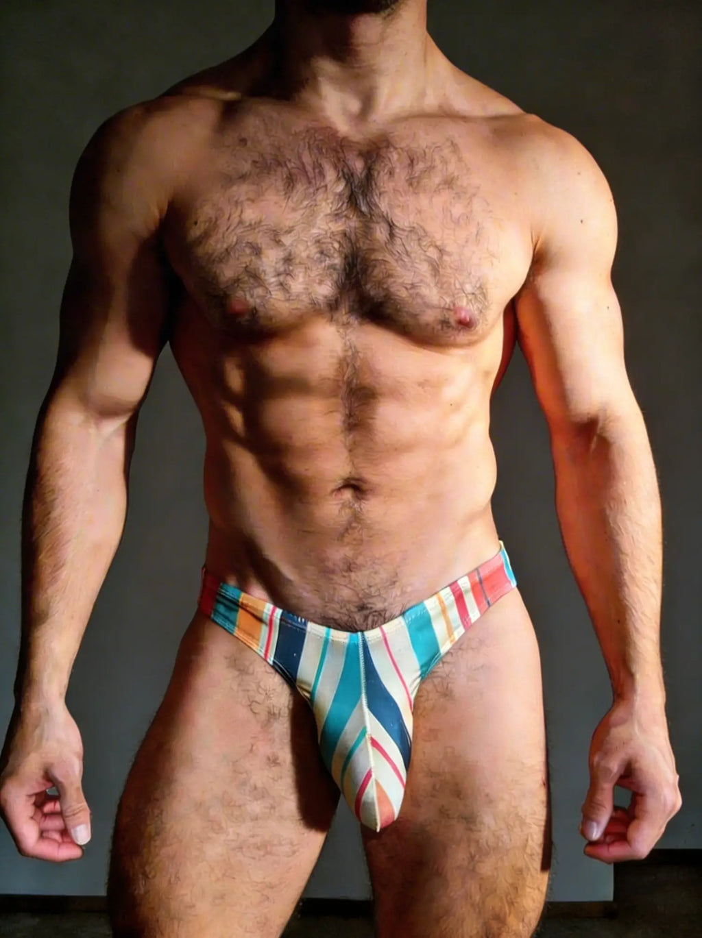 Colorful striped men’s slimmer bulge briefs with bold teal orange and white geometric pattern in a slim fit design