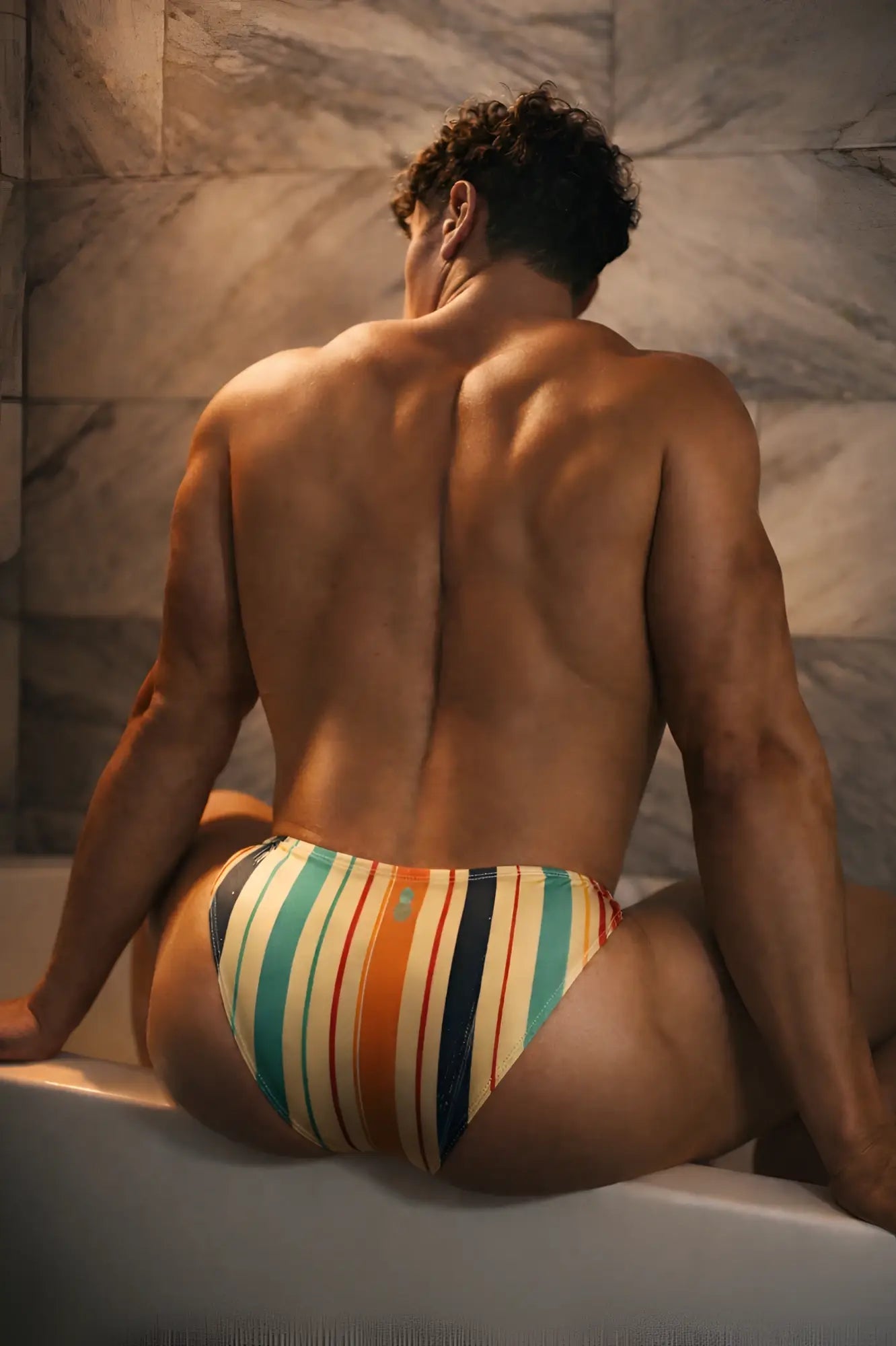 Men’s slimmer bulge briefs in retro striped teal orange and cream with subtle textured fabric