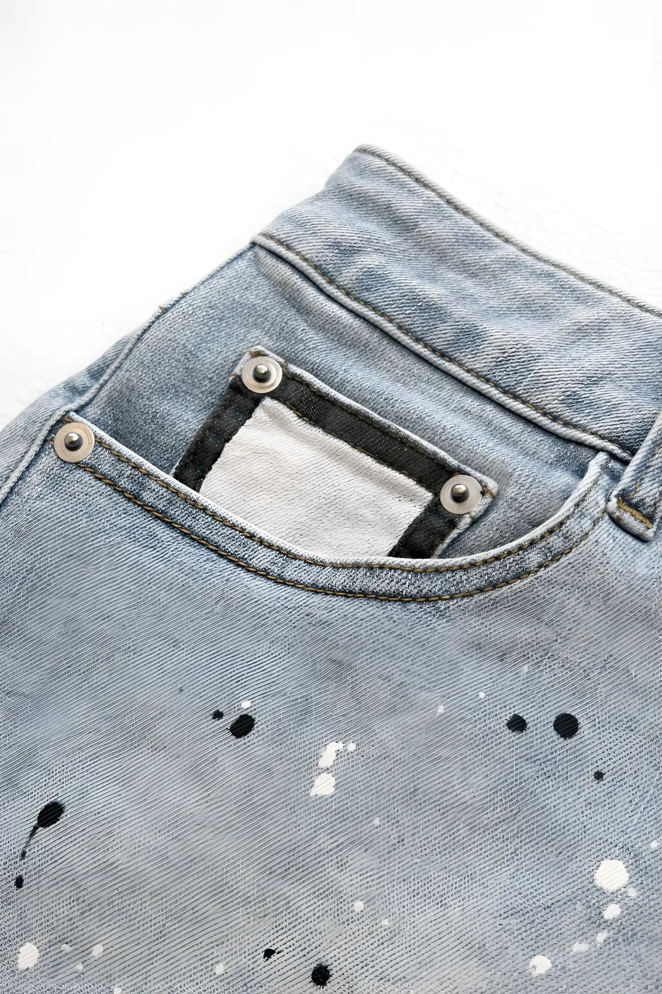 Studio splash 1.5 inch light-wash denim short shorts in sky blue with distressed pocket silver rivets and paint splatter details