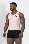 A light pink sleeveless jj pocket tank top with a front pocket featuring a black falling angel graphic design