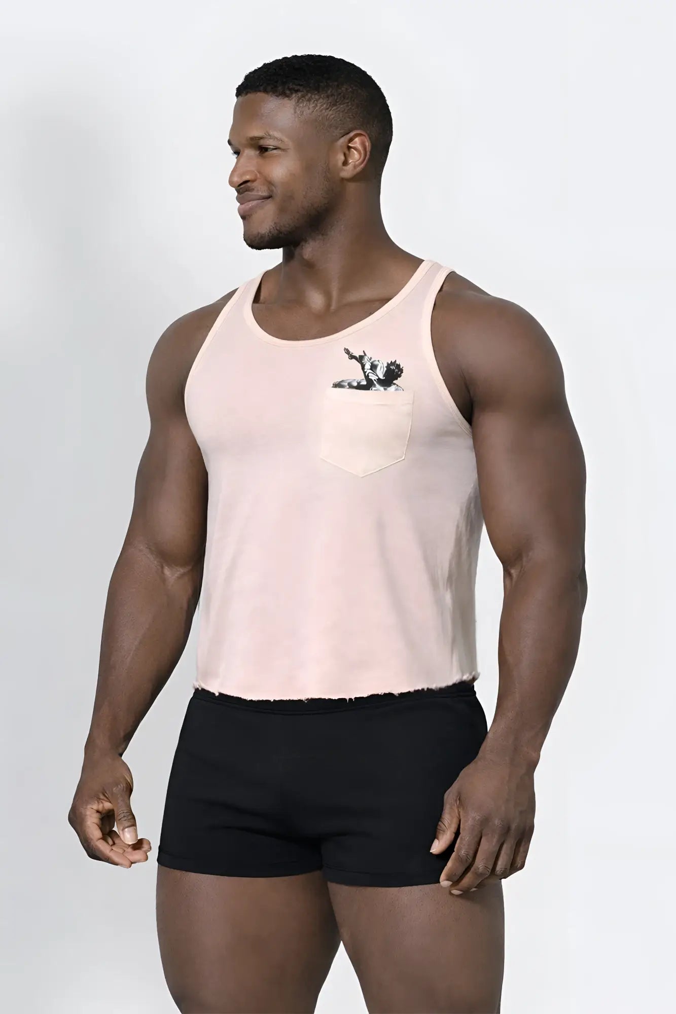 A light pink sleeveless jj pocket tank top with a front pocket featuring a black falling angel graphic design