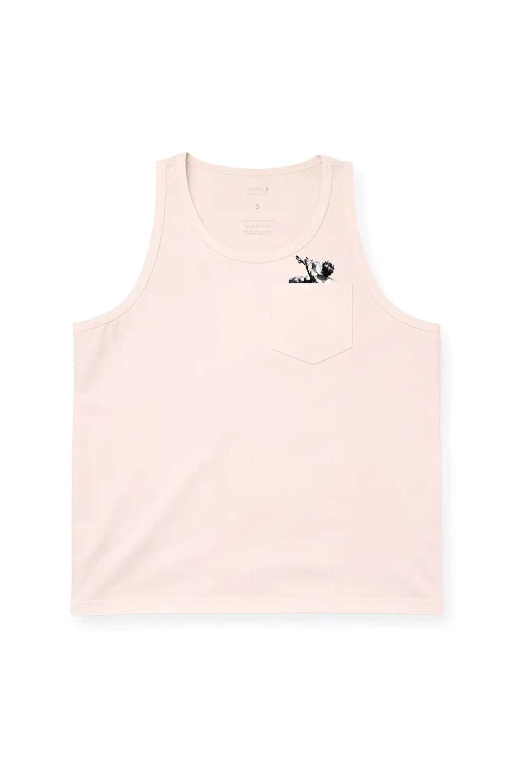 Jj pocket tank top falling angel in soft blush pink with subtle black and white graphic on chest pocket